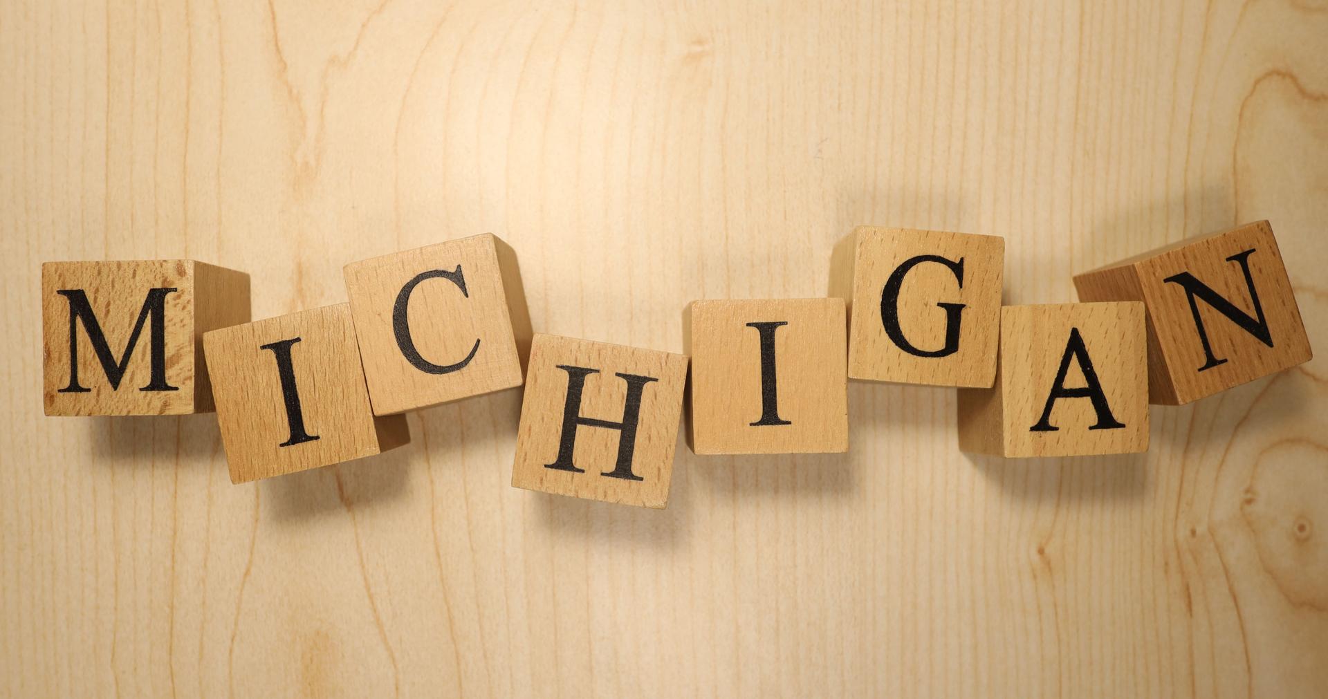 The word Michigan was created from wooden letter cubes. Cities and words.